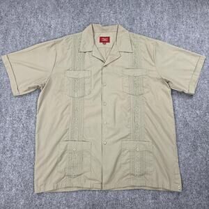 Maximos Shirt Mens XL Beige Guayabera Embroidered 4 Pocket Button Up Poly Cotton